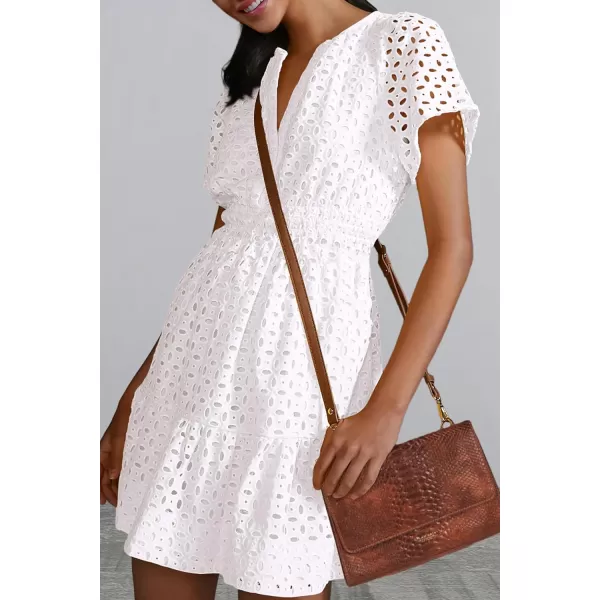 imagePRETTYGARDEN Womens 2024 Summer Short Dress V Neck Short Sleeve A Line Hollow Out Lace Ruffle Cute Casual Beach Party DressesBeige White