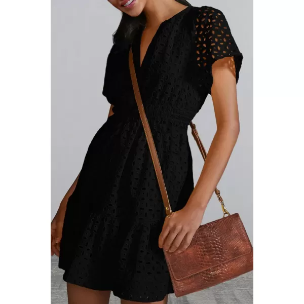 imagePRETTYGARDEN Womens 2024 Summer Short Dress V Neck Short Sleeve A Line Hollow Out Lace Ruffle Cute Casual Beach Party DressesBlack