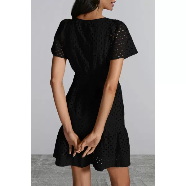 imagePRETTYGARDEN Womens 2024 Summer Short Dress V Neck Short Sleeve A Line Hollow Out Lace Ruffle Cute Casual Beach Party DressesBlack