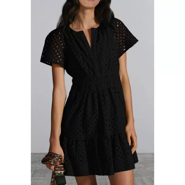 imagePRETTYGARDEN Womens 2024 Summer Short Dress V Neck Short Sleeve A Line Hollow Out Lace Ruffle Cute Casual Beach Party DressesBlack