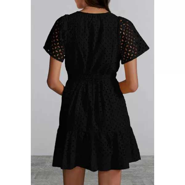 imagePRETTYGARDEN Womens 2024 Summer Short Dress V Neck Short Sleeve A Line Hollow Out Lace Ruffle Cute Casual Beach Party DressesBlack