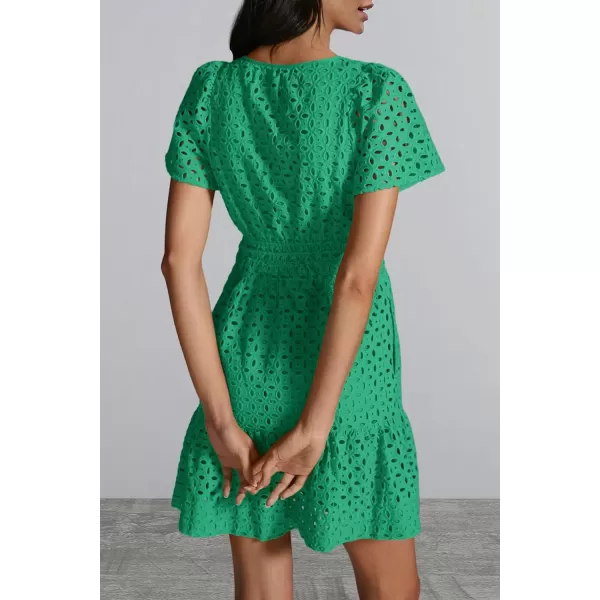 imagePRETTYGARDEN Womens 2024 Summer Short Dress V Neck Short Sleeve A Line Hollow Out Lace Ruffle Cute Casual Beach Party DressesGreen