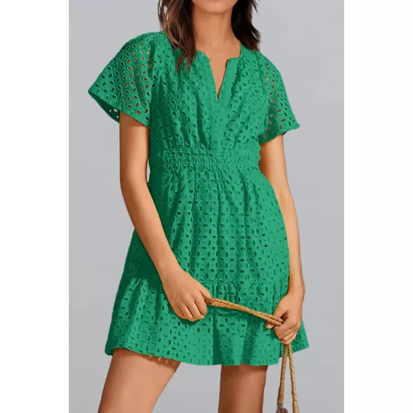 imagePRETTYGARDEN Womens 2024 Summer Short Dress V Neck Short Sleeve A Line Hollow Out Lace Ruffle Cute Casual Beach Party DressesGreen