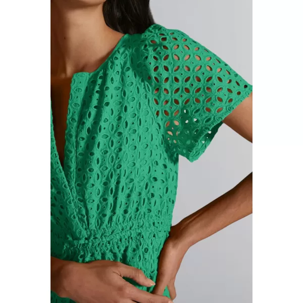 imagePRETTYGARDEN Womens 2024 Summer Short Dress V Neck Short Sleeve A Line Hollow Out Lace Ruffle Cute Casual Beach Party DressesGreen