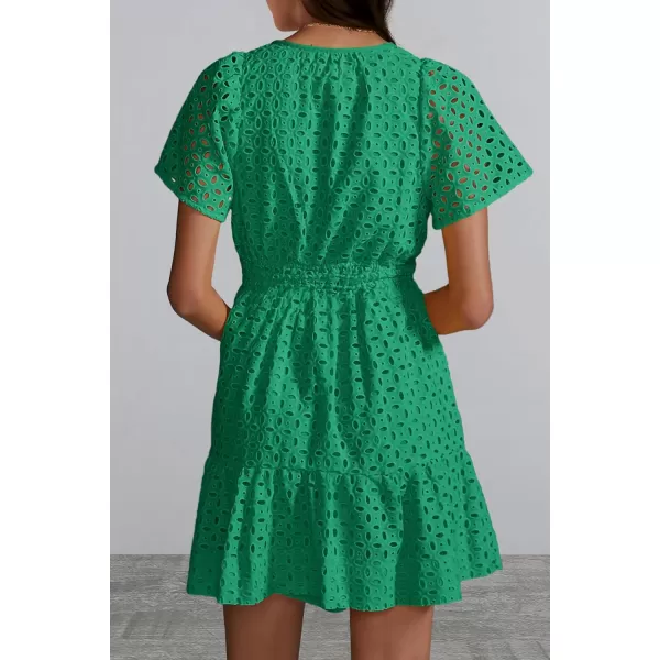 imagePRETTYGARDEN Womens 2024 Summer Short Dress V Neck Short Sleeve A Line Hollow Out Lace Ruffle Cute Casual Beach Party DressesGreen