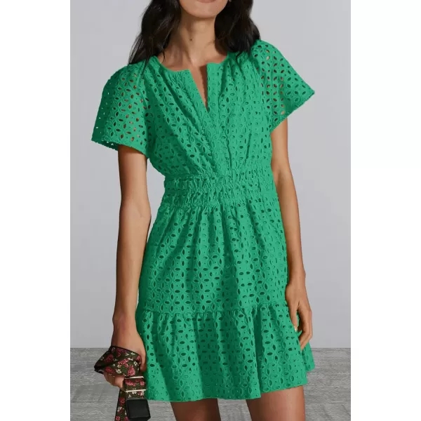 imagePRETTYGARDEN Womens 2024 Summer Short Dress V Neck Short Sleeve A Line Hollow Out Lace Ruffle Cute Casual Beach Party DressesGreen