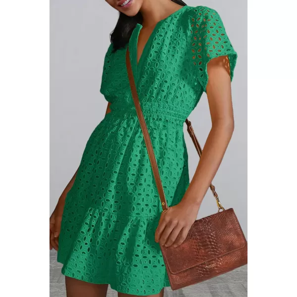 imagePRETTYGARDEN Womens 2024 Summer Short Dress V Neck Short Sleeve A Line Hollow Out Lace Ruffle Cute Casual Beach Party DressesGreen