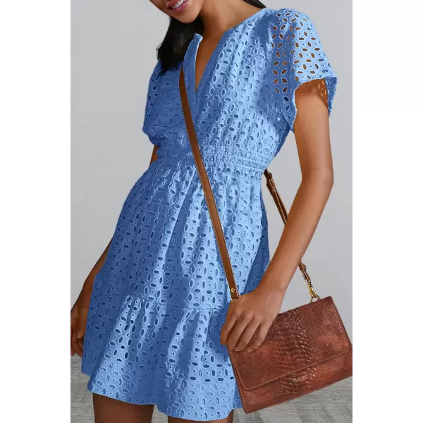imagePRETTYGARDEN Womens 2024 Summer Short Dress V Neck Short Sleeve A Line Hollow Out Lace Ruffle Cute Casual Beach Party DressesLight Blue