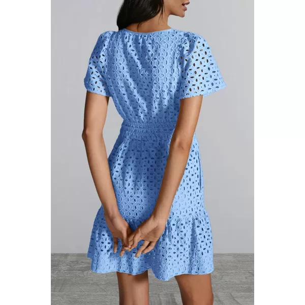 imagePRETTYGARDEN Womens 2024 Summer Short Dress V Neck Short Sleeve A Line Hollow Out Lace Ruffle Cute Casual Beach Party DressesLight Blue