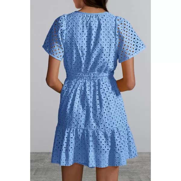 imagePRETTYGARDEN Womens 2024 Summer Short Dress V Neck Short Sleeve A Line Hollow Out Lace Ruffle Cute Casual Beach Party DressesLight Blue