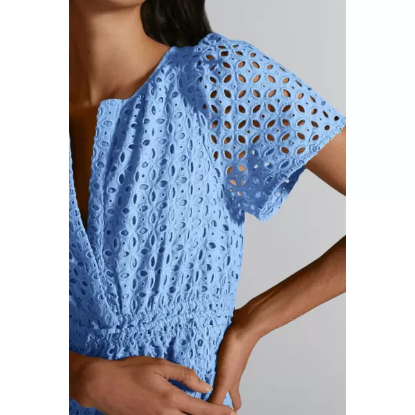 imagePRETTYGARDEN Womens 2024 Summer Short Dress V Neck Short Sleeve A Line Hollow Out Lace Ruffle Cute Casual Beach Party DressesLight Blue