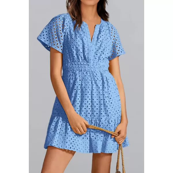 imagePRETTYGARDEN Womens 2024 Summer Short Dress V Neck Short Sleeve A Line Hollow Out Lace Ruffle Cute Casual Beach Party DressesLight Blue