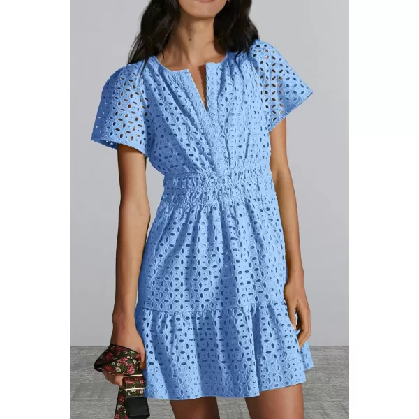 imagePRETTYGARDEN Womens 2024 Summer Short Dress V Neck Short Sleeve A Line Hollow Out Lace Ruffle Cute Casual Beach Party DressesLight Blue