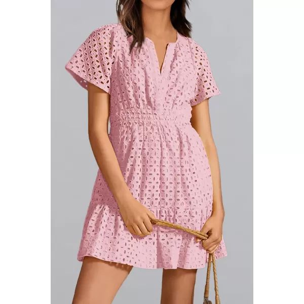 imagePRETTYGARDEN Womens 2024 Summer Short Dress V Neck Short Sleeve A Line Hollow Out Lace Ruffle Cute Casual Beach Party DressesPink