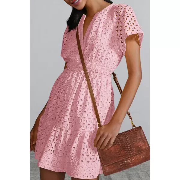 imagePRETTYGARDEN Womens 2024 Summer Short Dress V Neck Short Sleeve A Line Hollow Out Lace Ruffle Cute Casual Beach Party DressesPink