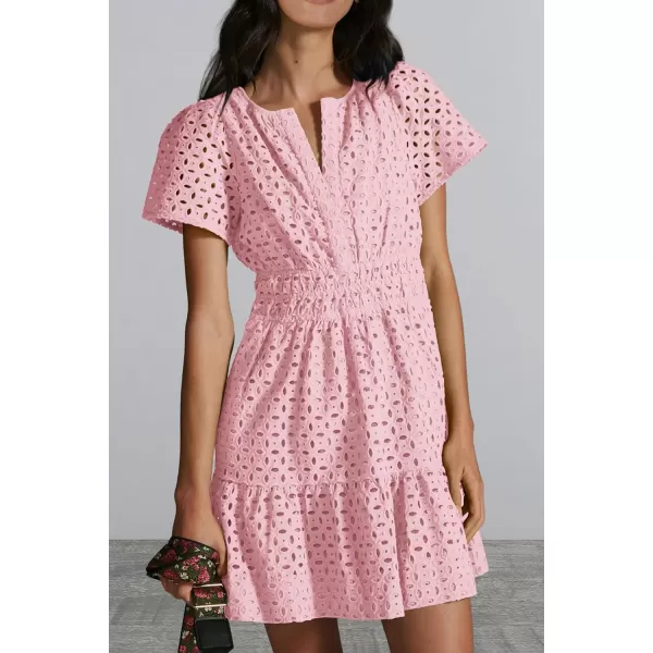 imagePRETTYGARDEN Womens 2024 Summer Short Dress V Neck Short Sleeve A Line Hollow Out Lace Ruffle Cute Casual Beach Party DressesPink
