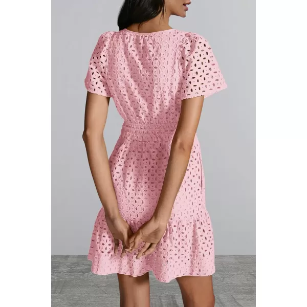 imagePRETTYGARDEN Womens 2024 Summer Short Dress V Neck Short Sleeve A Line Hollow Out Lace Ruffle Cute Casual Beach Party DressesPink