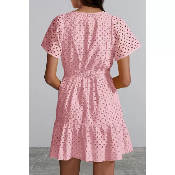 imagePRETTYGARDEN Womens 2024 Summer Short Dress V Neck Short Sleeve A Line Hollow Out Lace Ruffle Cute Casual Beach Party DressesPink