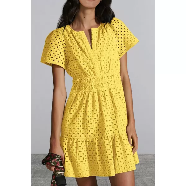 imagePRETTYGARDEN Womens 2024 Summer Short Dress V Neck Short Sleeve A Line Hollow Out Lace Ruffle Cute Casual Beach Party DressesYellow