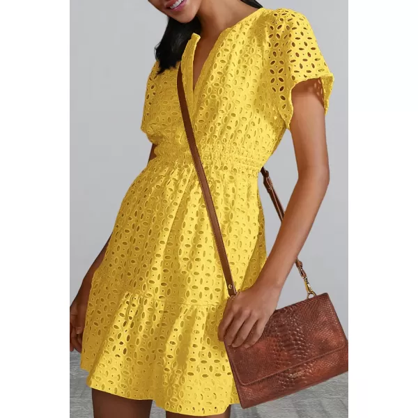 imagePRETTYGARDEN Womens 2024 Summer Short Dress V Neck Short Sleeve A Line Hollow Out Lace Ruffle Cute Casual Beach Party DressesYellow