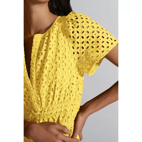 imagePRETTYGARDEN Womens 2024 Summer Short Dress V Neck Short Sleeve A Line Hollow Out Lace Ruffle Cute Casual Beach Party DressesYellow