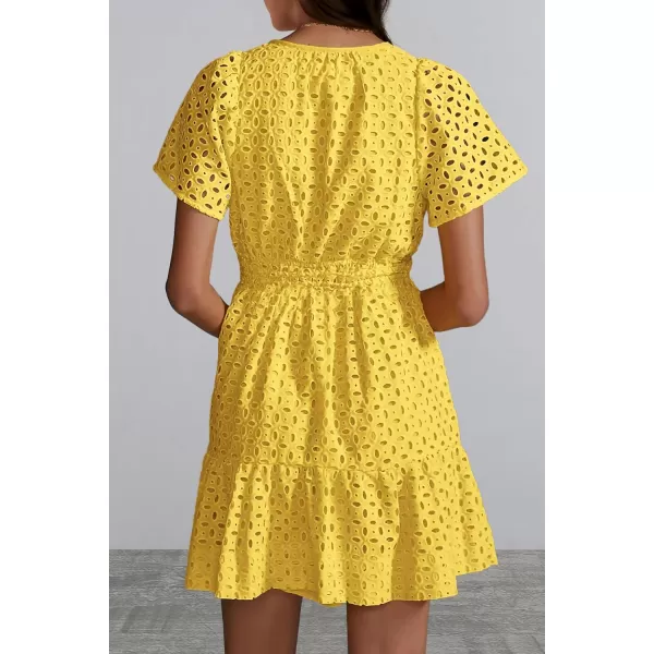 imagePRETTYGARDEN Womens 2024 Summer Short Dress V Neck Short Sleeve A Line Hollow Out Lace Ruffle Cute Casual Beach Party DressesYellow
