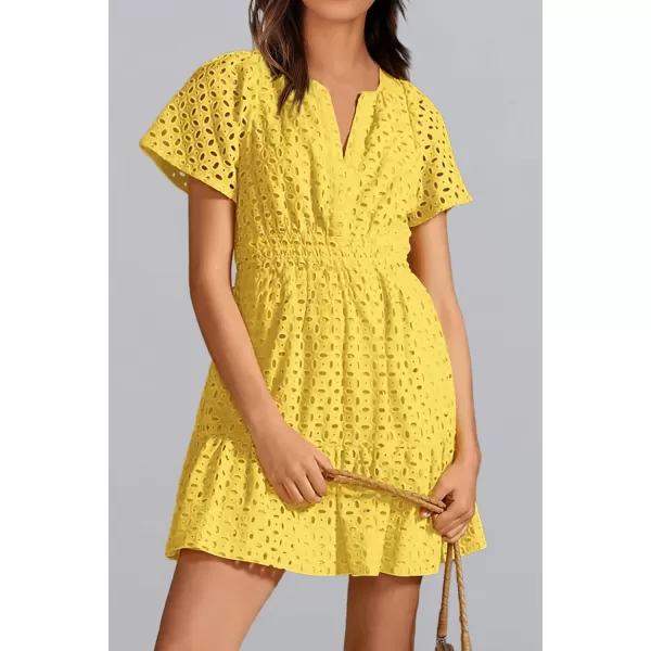 imagePRETTYGARDEN Womens 2024 Summer Short Dress V Neck Short Sleeve A Line Hollow Out Lace Ruffle Cute Casual Beach Party DressesYellow