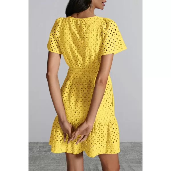 imagePRETTYGARDEN Womens 2024 Summer Short Dress V Neck Short Sleeve A Line Hollow Out Lace Ruffle Cute Casual Beach Party DressesYellow