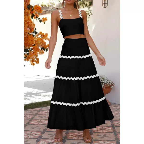 imagePRETTYGARDEN Womens 2024 Summer Two Piece Vacation Beach Outfits Dressy Sleeveless Cropped Tank Tops and Long Maxi Skirt SetsBlack