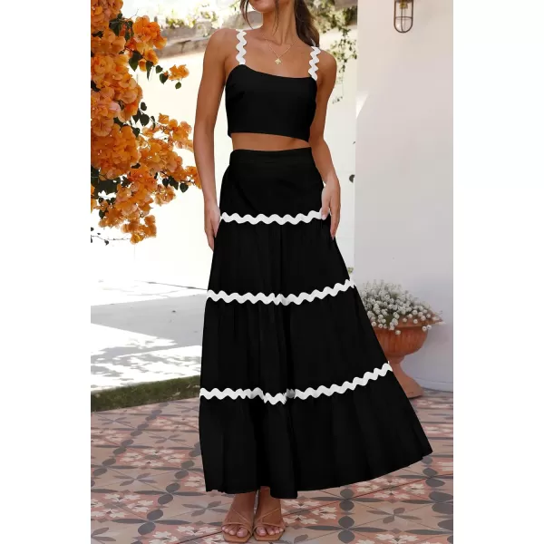 imagePRETTYGARDEN Womens 2024 Summer Two Piece Vacation Beach Outfits Dressy Sleeveless Cropped Tank Tops and Long Maxi Skirt SetsBlack