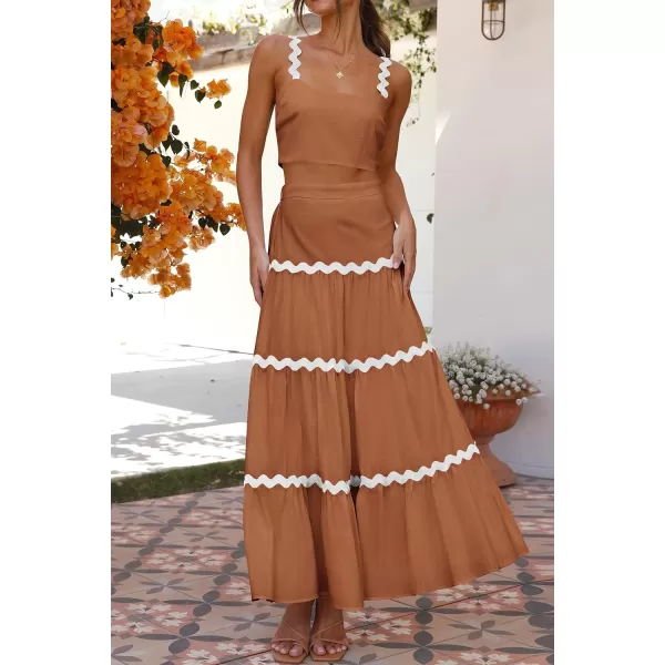 imagePRETTYGARDEN Womens 2024 Summer Two Piece Vacation Beach Outfits Dressy Sleeveless Cropped Tank Tops and Long Maxi Skirt SetsBrown