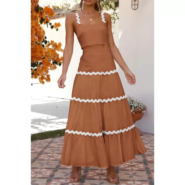 imagePRETTYGARDEN Womens 2024 Summer Two Piece Vacation Beach Outfits Dressy Sleeveless Cropped Tank Tops and Long Maxi Skirt SetsBrown