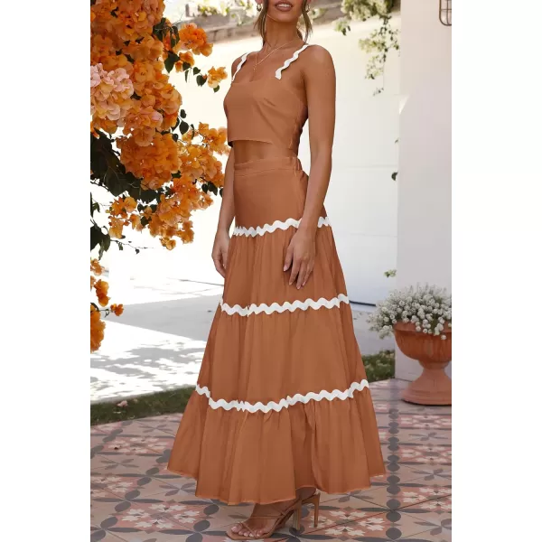 imagePRETTYGARDEN Womens 2024 Summer Two Piece Vacation Beach Outfits Dressy Sleeveless Cropped Tank Tops and Long Maxi Skirt SetsBrown