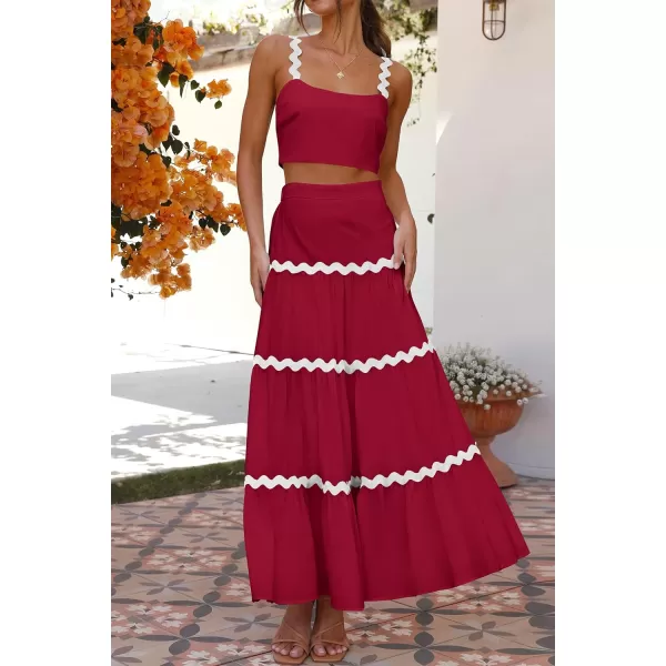 imagePRETTYGARDEN Womens 2024 Summer Two Piece Vacation Beach Outfits Dressy Sleeveless Cropped Tank Tops and Long Maxi Skirt SetsJujube Red