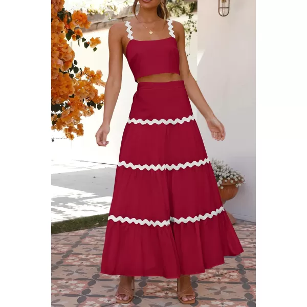 imagePRETTYGARDEN Womens 2024 Summer Two Piece Vacation Beach Outfits Dressy Sleeveless Cropped Tank Tops and Long Maxi Skirt SetsJujube Red