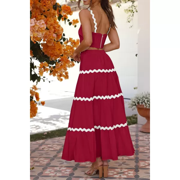 imagePRETTYGARDEN Womens 2024 Summer Two Piece Vacation Beach Outfits Dressy Sleeveless Cropped Tank Tops and Long Maxi Skirt SetsJujube Red