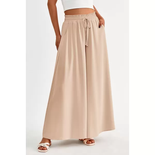 imagePRETTYGARDEN Womens 2024 Summer Wide Leg Palazzo Pants High Waisted Flowy Pockets Trendy Casual Lounge Boho Beach TrousersBeige
