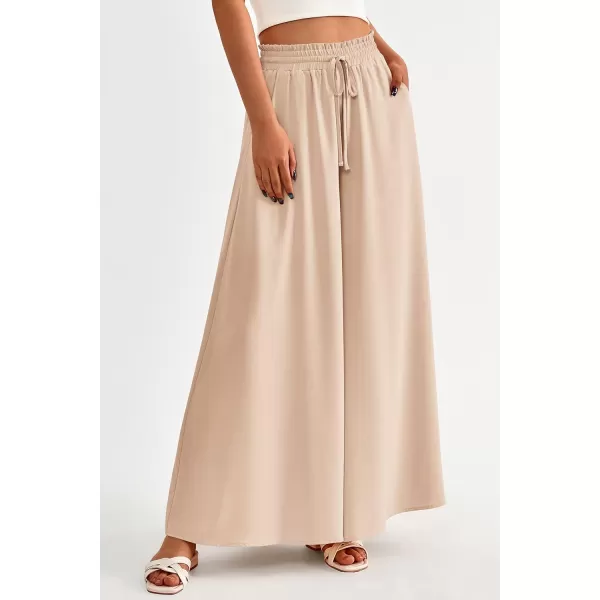 imagePRETTYGARDEN Womens 2024 Summer Wide Leg Palazzo Pants High Waisted Flowy Pockets Trendy Casual Lounge Boho Beach TrousersBeige