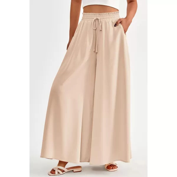 imagePRETTYGARDEN Womens 2024 Summer Wide Leg Palazzo Pants High Waisted Flowy Pockets Trendy Casual Lounge Boho Beach TrousersBeige