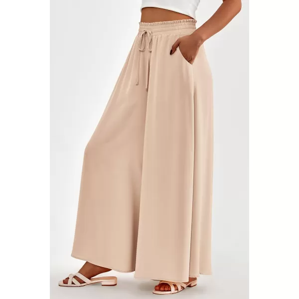 imagePRETTYGARDEN Womens 2024 Summer Wide Leg Palazzo Pants High Waisted Flowy Pockets Trendy Casual Lounge Boho Beach TrousersBeige