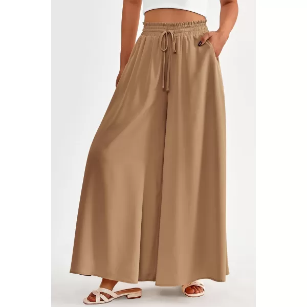 imagePRETTYGARDEN Womens 2024 Summer Wide Leg Palazzo Pants High Waisted Flowy Pockets Trendy Casual Lounge Boho Beach TrousersKhaki