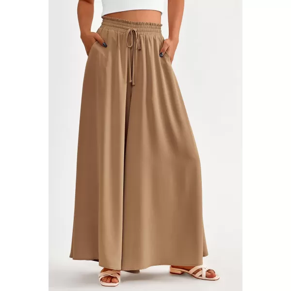 imagePRETTYGARDEN Womens 2024 Summer Wide Leg Palazzo Pants High Waisted Flowy Pockets Trendy Casual Lounge Boho Beach TrousersKhaki