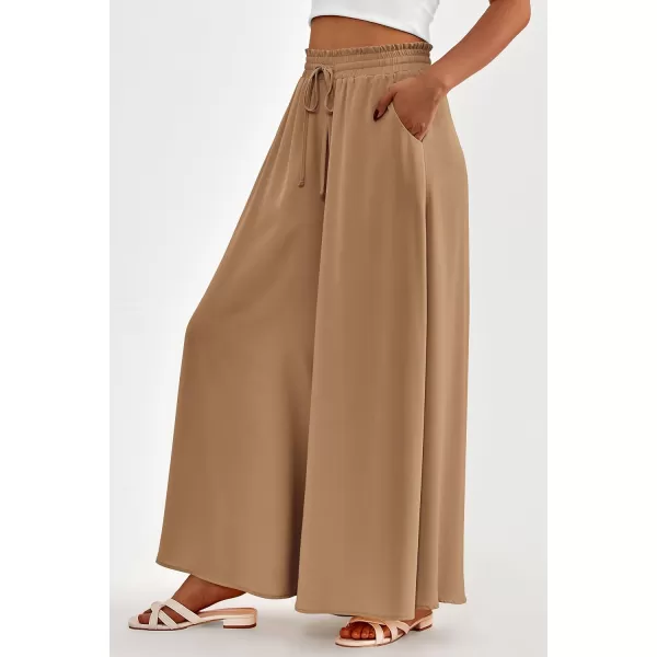 imagePRETTYGARDEN Womens 2024 Summer Wide Leg Palazzo Pants High Waisted Flowy Pockets Trendy Casual Lounge Boho Beach TrousersKhaki