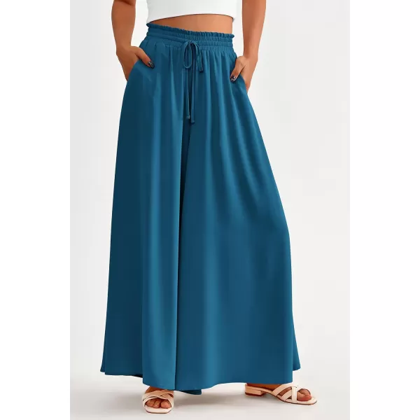 imagePRETTYGARDEN Womens 2024 Summer Wide Leg Palazzo Pants High Waisted Flowy Pockets Trendy Casual Lounge Boho Beach TrousersLake Blue