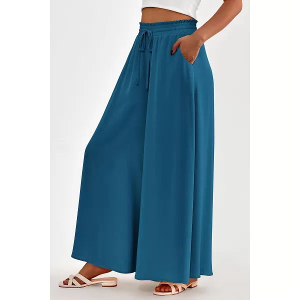 imagePRETTYGARDEN Womens 2024 Summer Wide Leg Palazzo Pants High Waisted Flowy Pockets Trendy Casual Lounge Boho Beach TrousersLake Blue