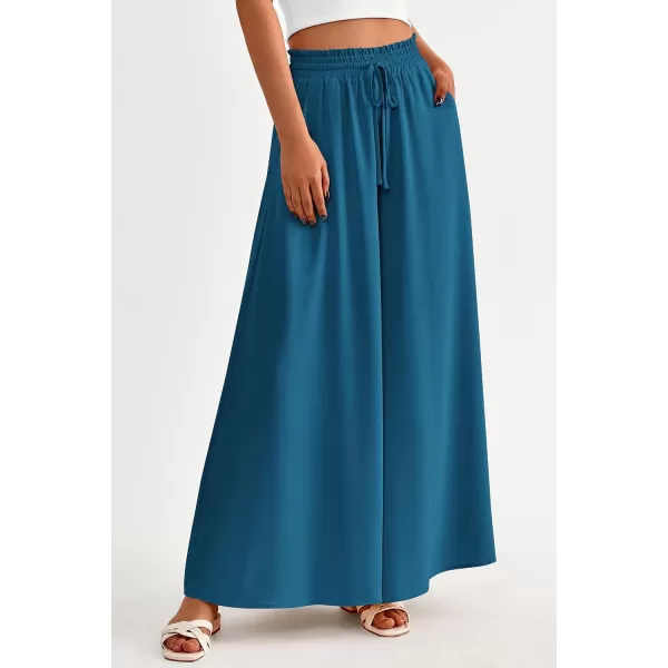 imagePRETTYGARDEN Womens 2024 Summer Wide Leg Palazzo Pants High Waisted Flowy Pockets Trendy Casual Lounge Boho Beach TrousersLake Blue