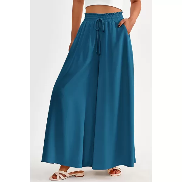 imagePRETTYGARDEN Womens 2024 Summer Wide Leg Palazzo Pants High Waisted Flowy Pockets Trendy Casual Lounge Boho Beach TrousersLake Blue
