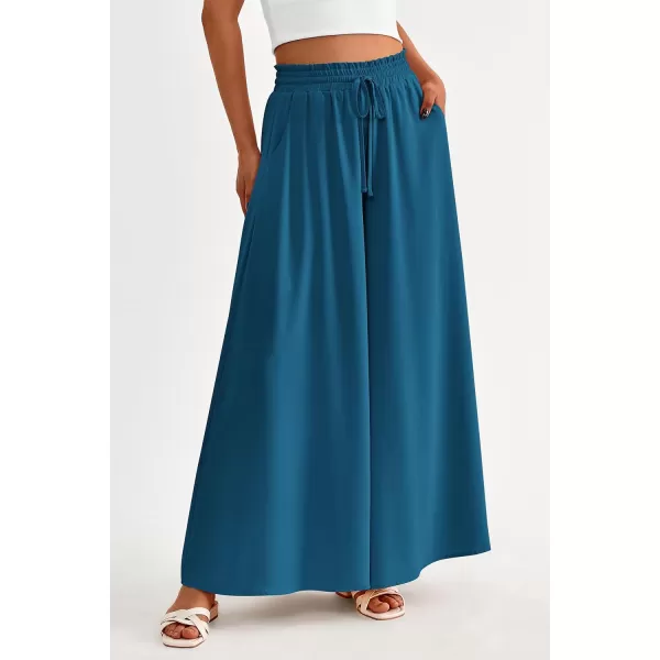 imagePRETTYGARDEN Womens 2024 Summer Wide Leg Palazzo Pants High Waisted Flowy Pockets Trendy Casual Lounge Boho Beach TrousersLake Blue