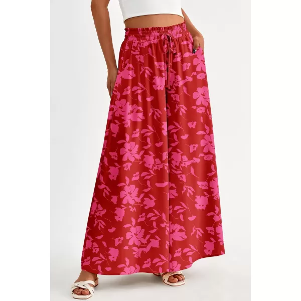 imagePRETTYGARDEN Womens 2024 Summer Wide Leg Palazzo Pants High Waisted Flowy Pockets Trendy Casual Lounge Boho Beach TrousersPrint Red
