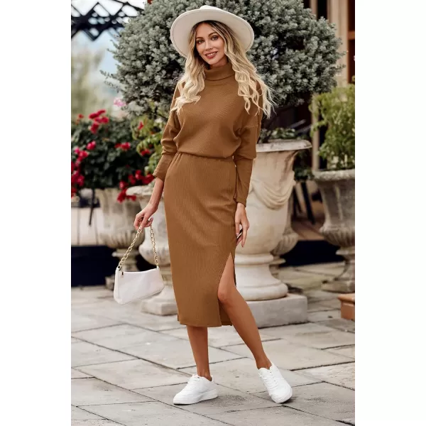 imagePRETTYGARDEN Womens 2024 Winter 2 Piece Tracksuit Long Sleeve Turtleneck Ribbed Top And Midi Skirt Dress SetsBrown